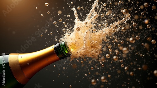 Vibrant close up of champagne bottle burst liquid and bubbles in celebratory explosion