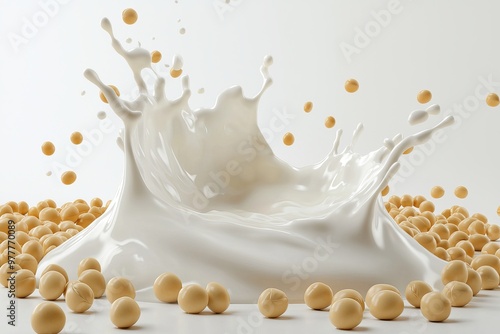 Splash and pouring of soy milk from a beans nut, with Milk wave flying above. photo