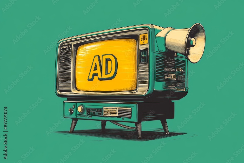 Obraz na plátně Futuristic digital retro television with megaphone projecting bold AD symbolizin