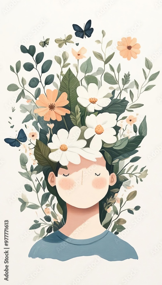 Whimsical illustration of a person with a floral crown, surrounded by vibrant flowers and butterflies, symbolizing nature and tranquility. Whimsical illustration of a person with a floral crown, surrounded by vibrant flowers and butterflies, symbolizing nature and tranquility.