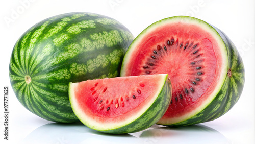 A whole watermelon is positioned next to a sliced piece, revealing its juicy red flesh and black seeds. The bright colors create an appetizing display