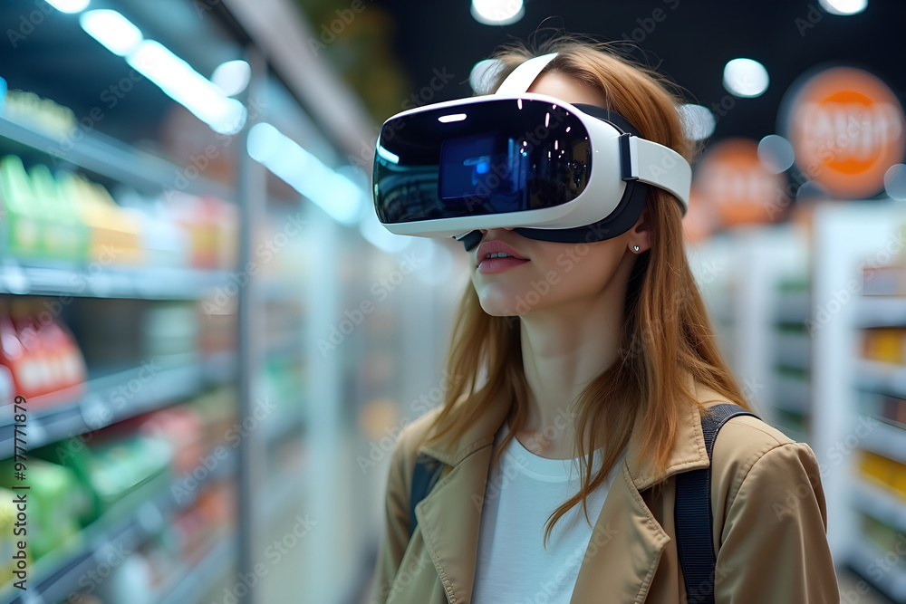 Woman with virtual reality glasses headset shopping at the supermarket Woman with virtual reality glasses headset shopping at the supermarket
