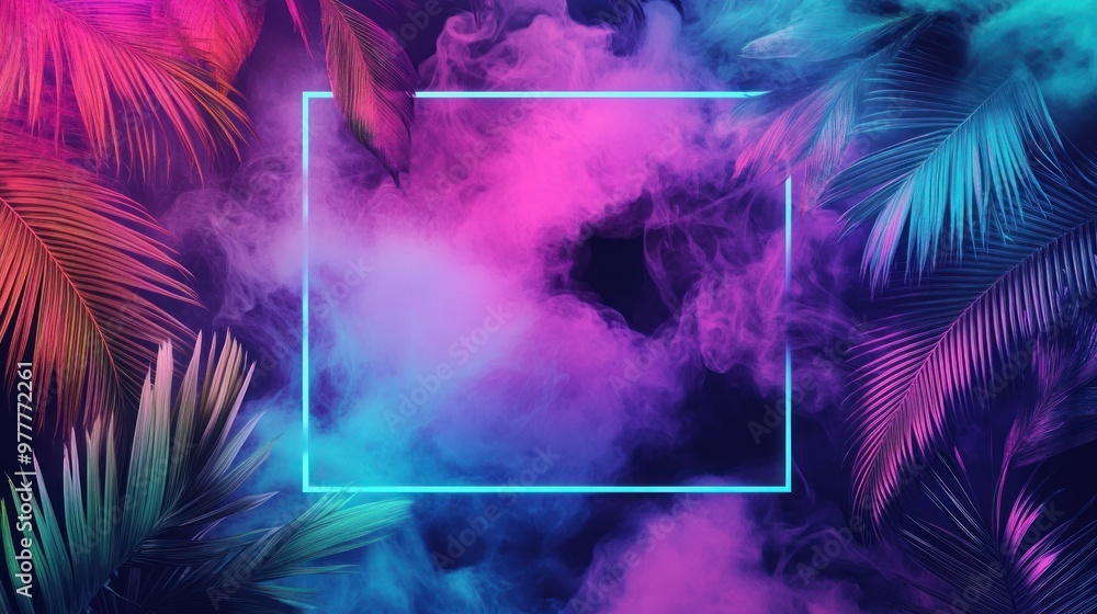 Tropical Palm Leaves with Neon Frame and Smoke Tropical Palm Leaves with Neon Frame and Smoke