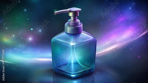 Hand sanitizer bottle in futuristic neon space background, hygiene and protection concept photo