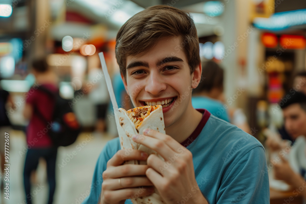 Young man happily eating a burrito in a mall food court surrounded by other shoppers Young man happily eating a burrito in a mall food court surrounded by other shoppers