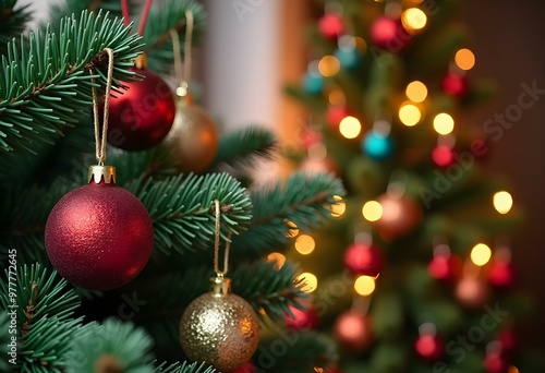 comic art graphic novel art, comic illustration, highly detailed Merry Christmas. A festive Christmas background with pine tree branches, colorful ornaments, and twinkling lights