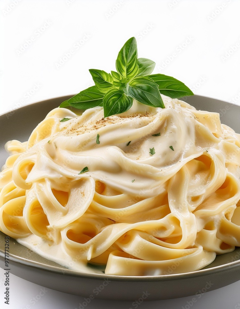 Creamy Alfredo Pasta Isolated on White Background, Clipping Path, Full Depth of Field Creamy Alfredo Pasta Isolated on White Background, Clipping Path, Full Depth of Field