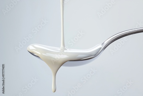 An illustration of a spoon with sweet condensed milk isolated on a white background, a sweet sauce for dipping food or bread in. photo