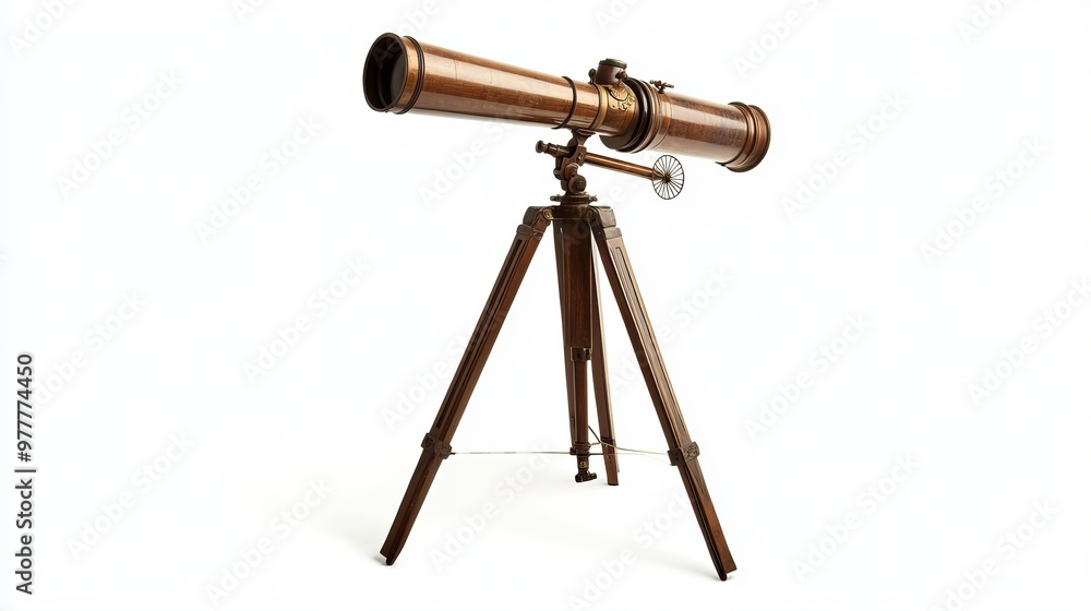 Antique telescope mounted on a tripod, isolated on a white background, symbolizing a passage of time Antique telescope mounted on a tripod, isolated on a white background, symbolizing a passage of time