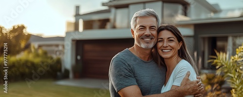 Smiling senior couple embracing in front of their modern house, with copy space for text photo