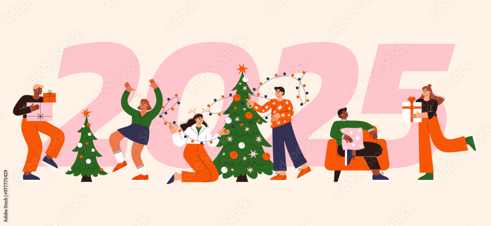 Fototapeta premium !People celebrate Christmas vector flat illustration. Friends dancing in New Year 2025 party. Winter holidays banner