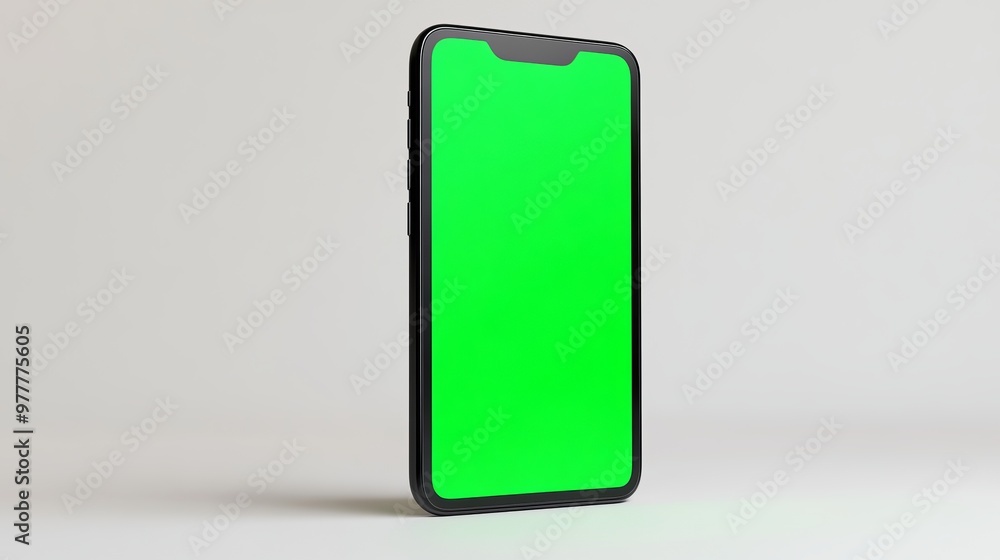 Mobile phone featuring a vertical green screen, utilizing chroma key technology, isolated on a white background Mobile phone featuring a vertical green screen, utilizing chroma key technology, isolated on a white background