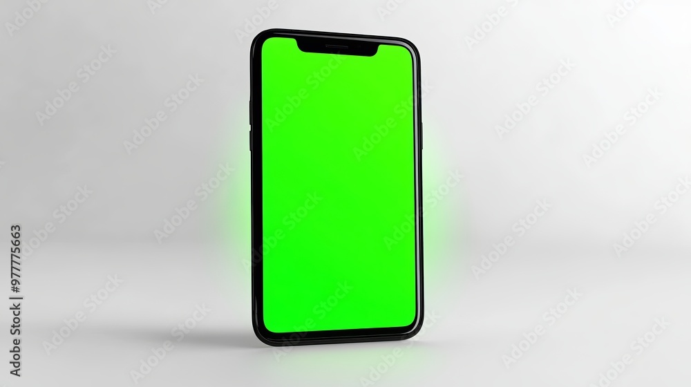 Mobile phone featuring a vertical green screen, utilizing chroma key technology, isolated on a white background Mobile phone featuring a vertical green screen, utilizing chroma key technology, isolated on a white background