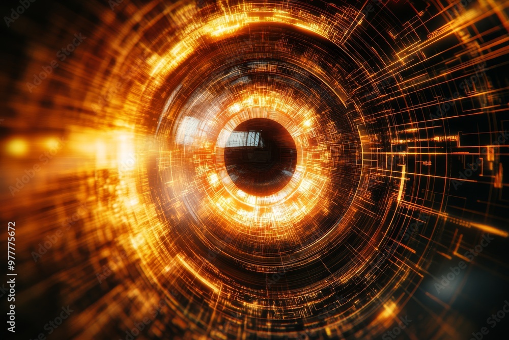Obraz premium Abstract glowing mechanical eye with digital circuits and patterns representing AI vision machine intelligence and cybernetic surveillance in a high tech world