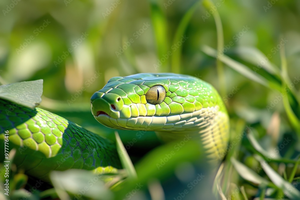 Fototapeta premium Green Snake in the Grass. Reptile Wildlife in Nature Setting