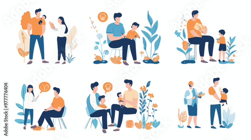 family set Parents and kids hanging out , Flat vector illustrations