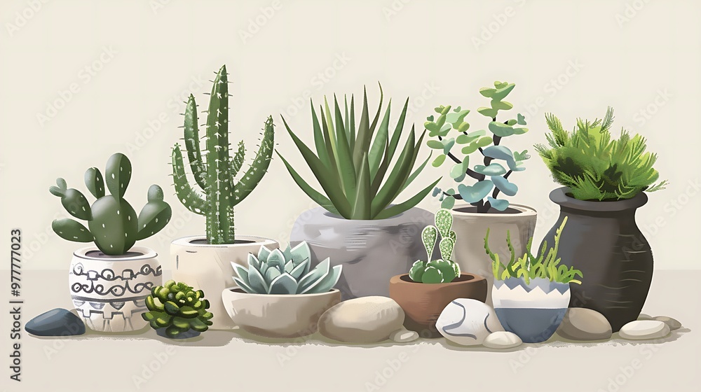 A slightly enlarged, high-definition image of various cacti neatly planted in stylish ceramic pots. A slightly enlarged, high-definition image of various cacti neatly planted in stylish ceramic pots.