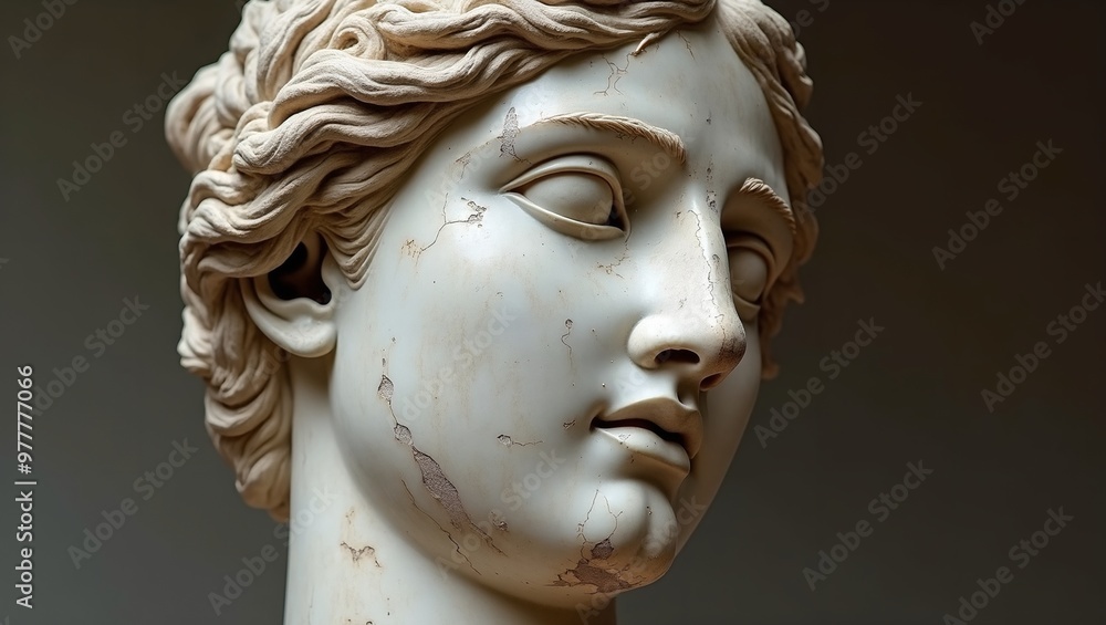 Ancient Roman marble statue head with realistic features and weathered texture Ancient Roman marble statue head with realistic features and weathered texture