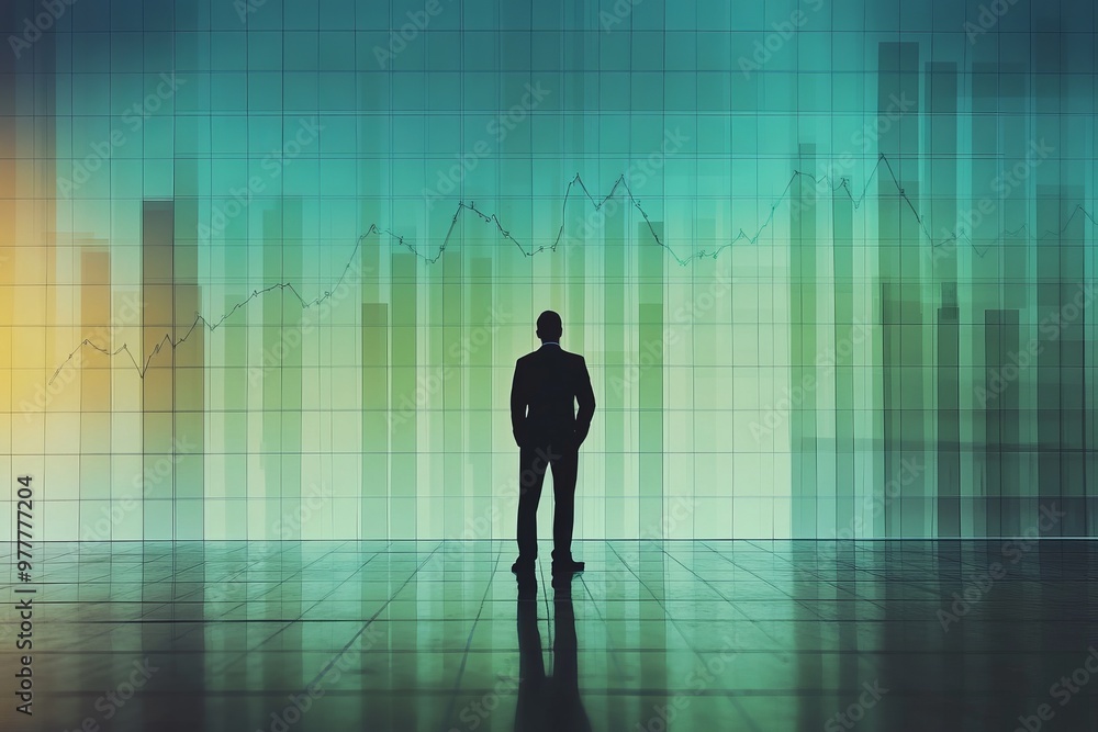 Businessman analyzing growth with rising bar graph on a grid background in a professional setting Businessman analyzing growth with rising bar graph on a grid background in a professional setting
