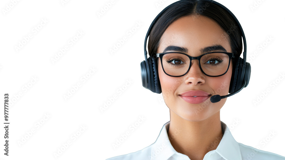 Friendly customer support agent with headphones in a modern office, perfect for customer service and call center themes. Friendly customer support agent with headphones in a modern office, perfect for customer service and call center themes.