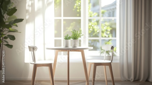 30-degree angle shot,shot from a slight angle,Front, high table, middle, simple, sunny, two chairs beside the high table, modern style, kitchen scene 