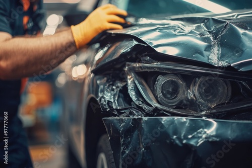 Mechanic repairing damaged car after collision at service center close up of repairs photo