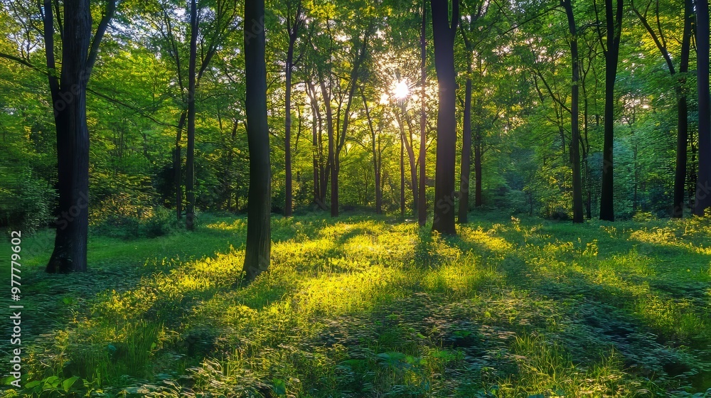 Fototapeta premium Sunlight filters through the trees of a tranquil forest, casting shadows on vibrant green undergrowth.