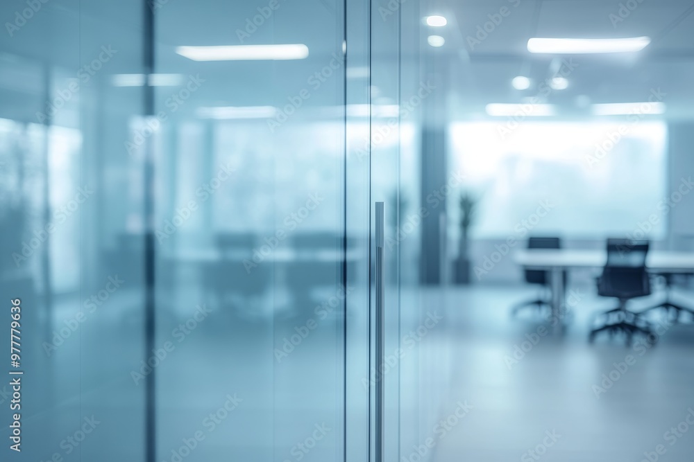 Close up of a sleek white office with glass walls and a blurred conference room background Close up of a sleek white office with glass walls and a blurred conference room background