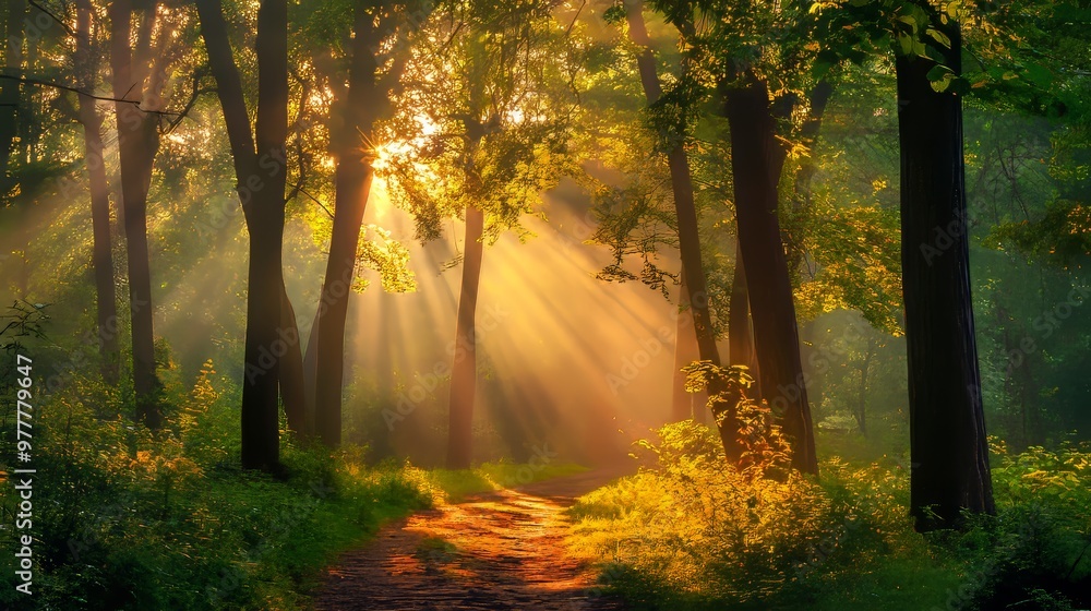 Obraz premium Sunlight filtering through dense forest trees illuminating a tranquil path with a warm, golden glow.