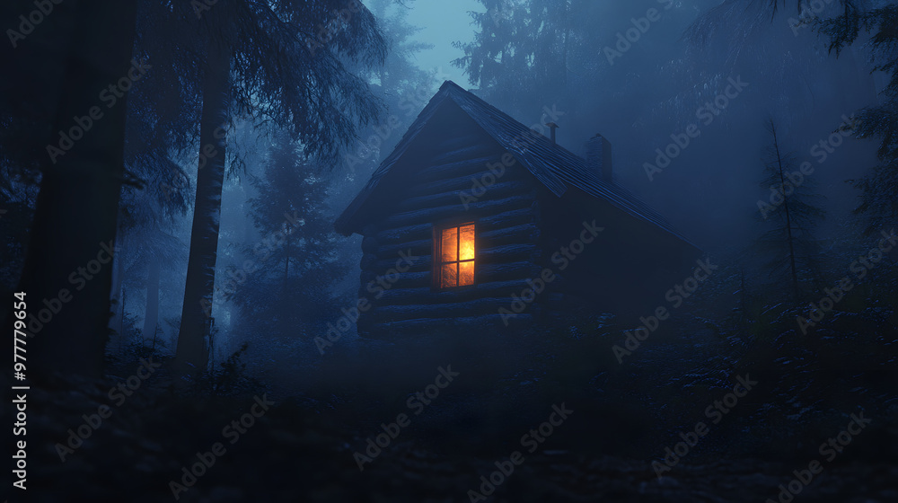 A small wooden cabin in the middle of an old forest at night A small wooden cabin in the middle of an old forest at night