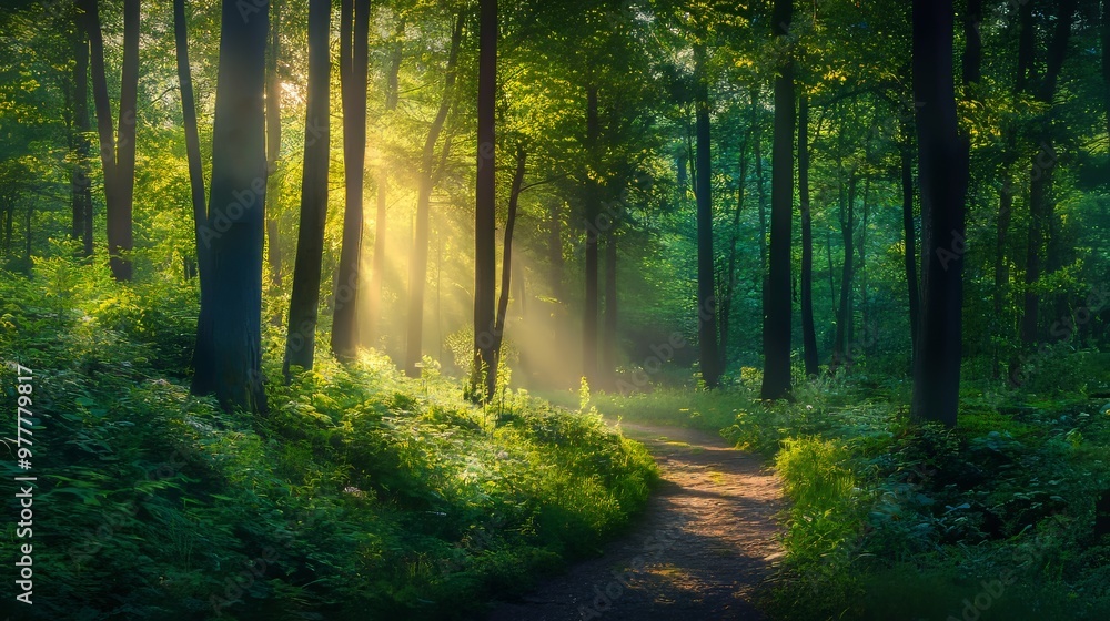 Obraz premium Sunlight streaming through the lush green forest, illuminating the path.