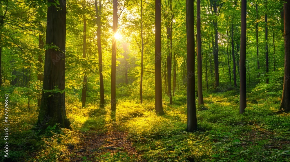 Obraz premium A tranquil forest bathed in golden sunlight, with tall trees and lush green foliage.