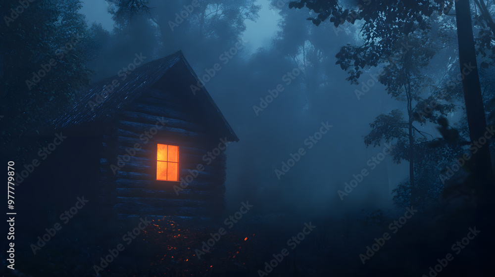 A small wooden cabin in the middle of an old forest at night A small wooden cabin in the middle of an old forest at night
