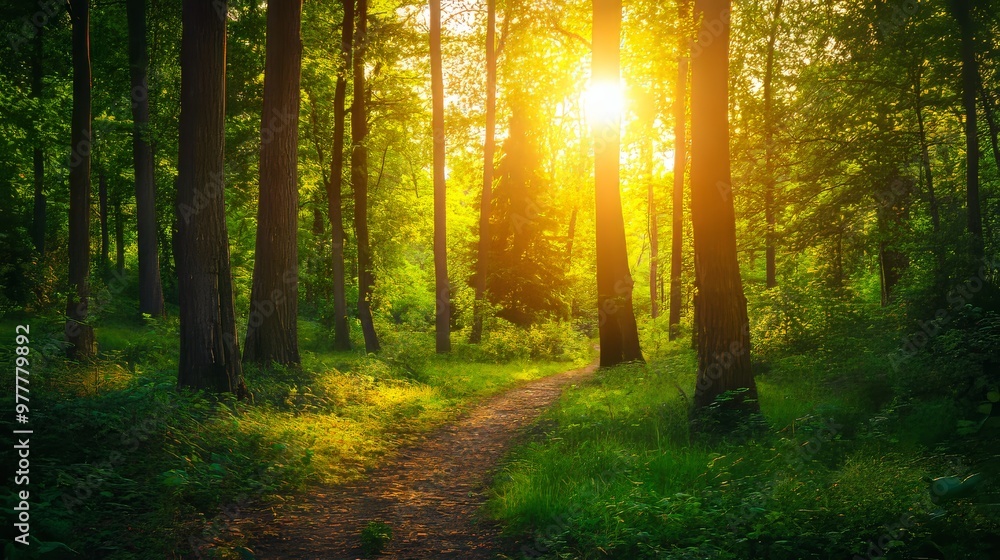 Obraz premium Sunlight filtering through tall trees in a lush green forest, illuminating a tranquil path.