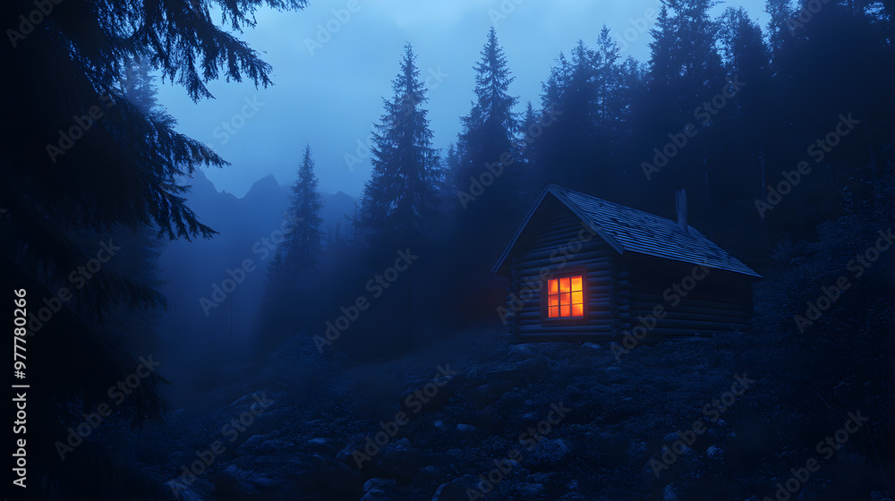 A small wooden cabin in the middle of an old forest at night A small wooden cabin in the middle of an old forest at night