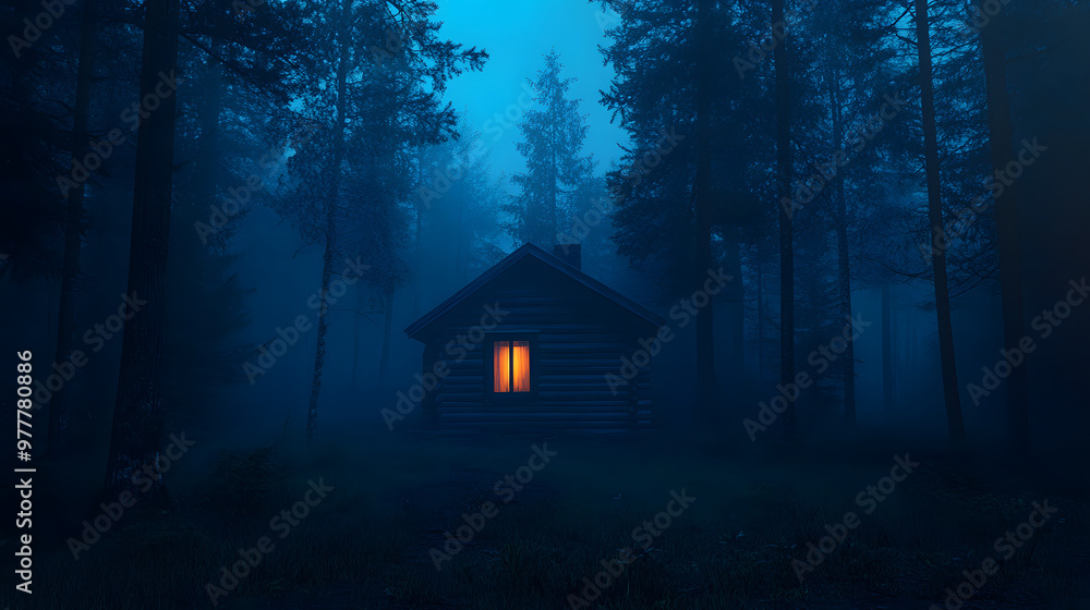 A small wooden cabin in the middle of an old forest at night A small wooden cabin in the middle of an old forest at night