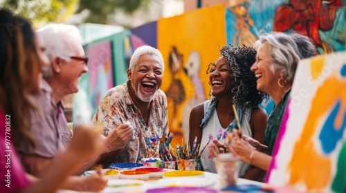 Group of diverse senior adults enjoying painting outdoors with vibrant colors, smiling, laughing, feeling joyful, creative expression concept photo