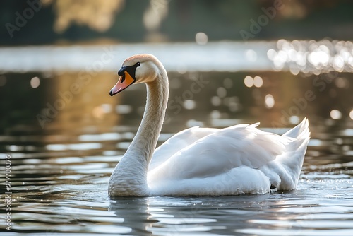 Fototapeta Naklejka Na Ścianę i Meble -  Elegant white swan swimming on calm lake water, peaceful nature wildlife photography