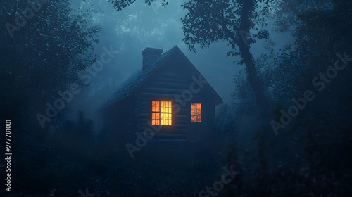 A small wooden cabin in the middle of an old forest at night