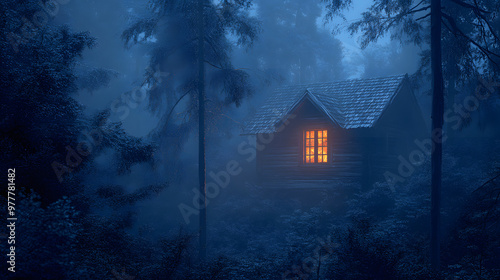 A small wooden cabin in the middle of an old forest at night