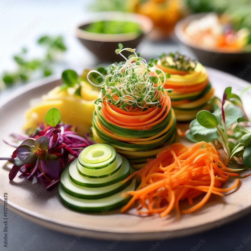 Creative garnish ideas with depth of field featuring spiralized vegetables and microgreens Creative garnish ideas with depth of field featuring spiralized vegetables and microgreens