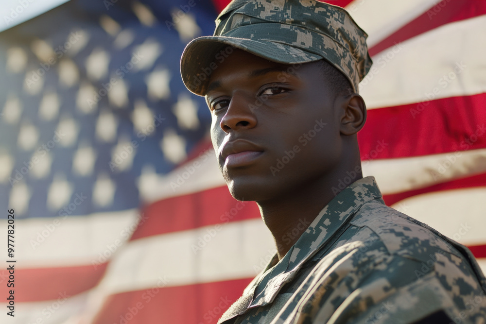 Young soldier is posing for a portrait with a blurred american flag waving in the background Young soldier is posing for a portrait with a blurred american flag waving in the background