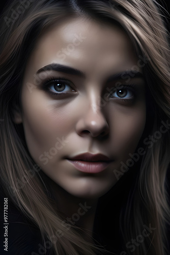 Wallpaper Mural Woman Isolated Against Stark Black Backdrop: Focused Expression and Visible Textural Details Torontodigital.ca