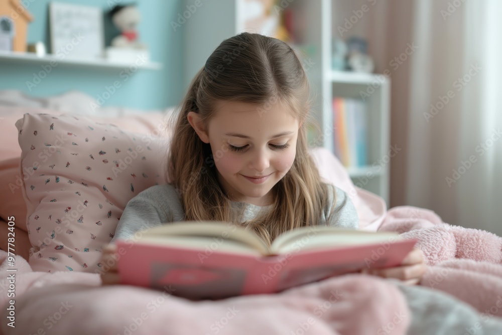 Young girl reading book, relaxed child enjoying literature, cozy bedroom setting concept Young girl reading book, relaxed child enjoying literature, cozy bedroom setting concept