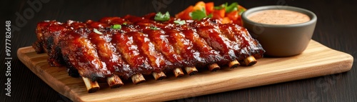 Barbecue ribs glazed in rich sauce served on a wooden board with a side of dipping sauce and garnished with fresh herbs perfect for food blogs, cooking websites, restaurant menus