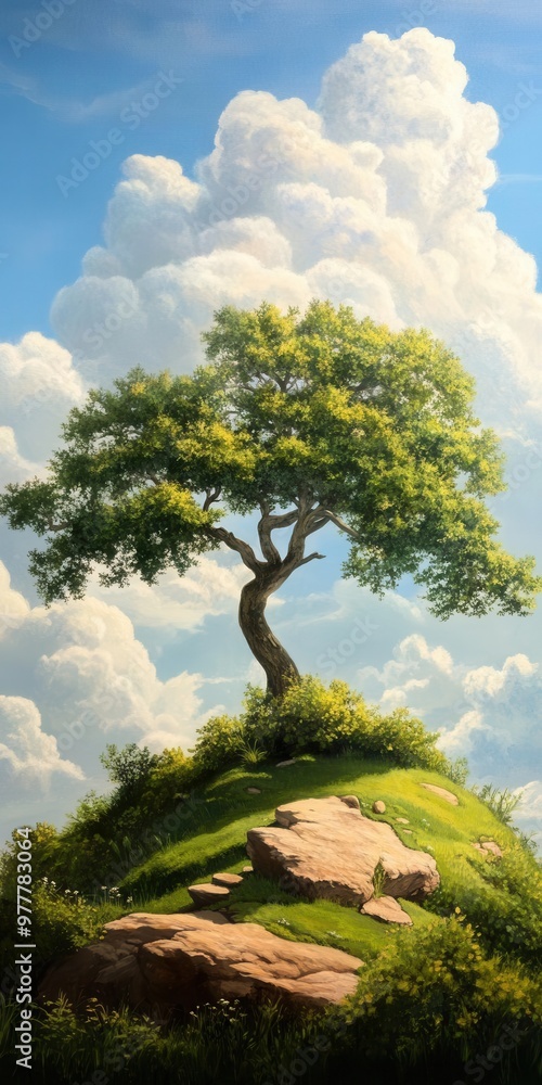 Obraz premium A serene landscape featuring a solitary tree atop a lush hill, surrounded by vibrant greenery and a stunning cloud-filled sky.