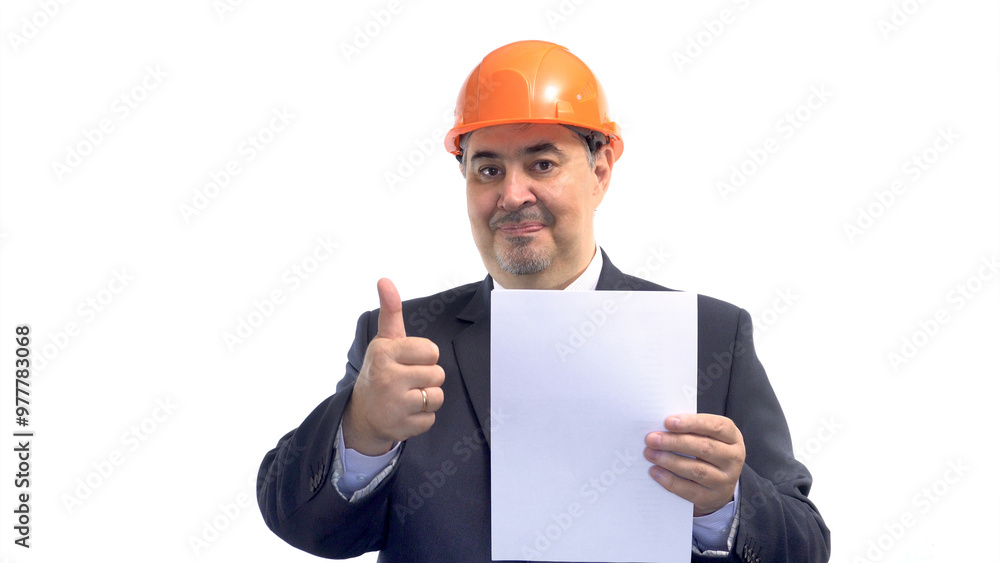 Smiling Construction Engineer in Suit and Hard Hat Holding Blank Paper Smiling Construction Engineer in Suit and Hard Hat Holding Blank Paper
