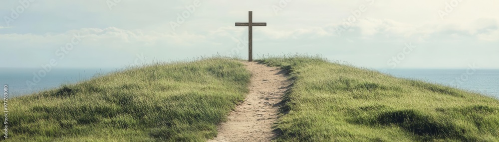 custom made wallpaper toronto digitalA serene pathway leads to a cross atop a green hill, symbolizing faith, hope, and spirituality in a tranquil landscape.