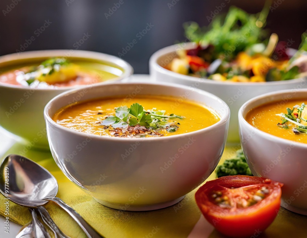Hearty gluten-free soups with depth of field showcasing vibrant vegetables and wholesome flavors Hearty gluten-free soups with depth of field showcasing vibrant vegetables and wholesome flavors