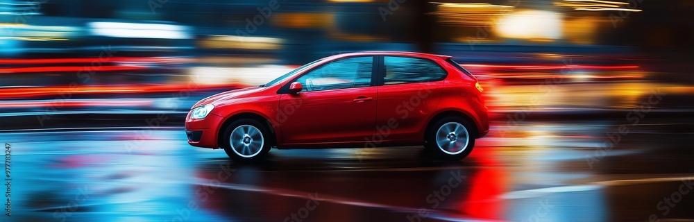 red car speeding in the night blured background red car speeding in the night blured background